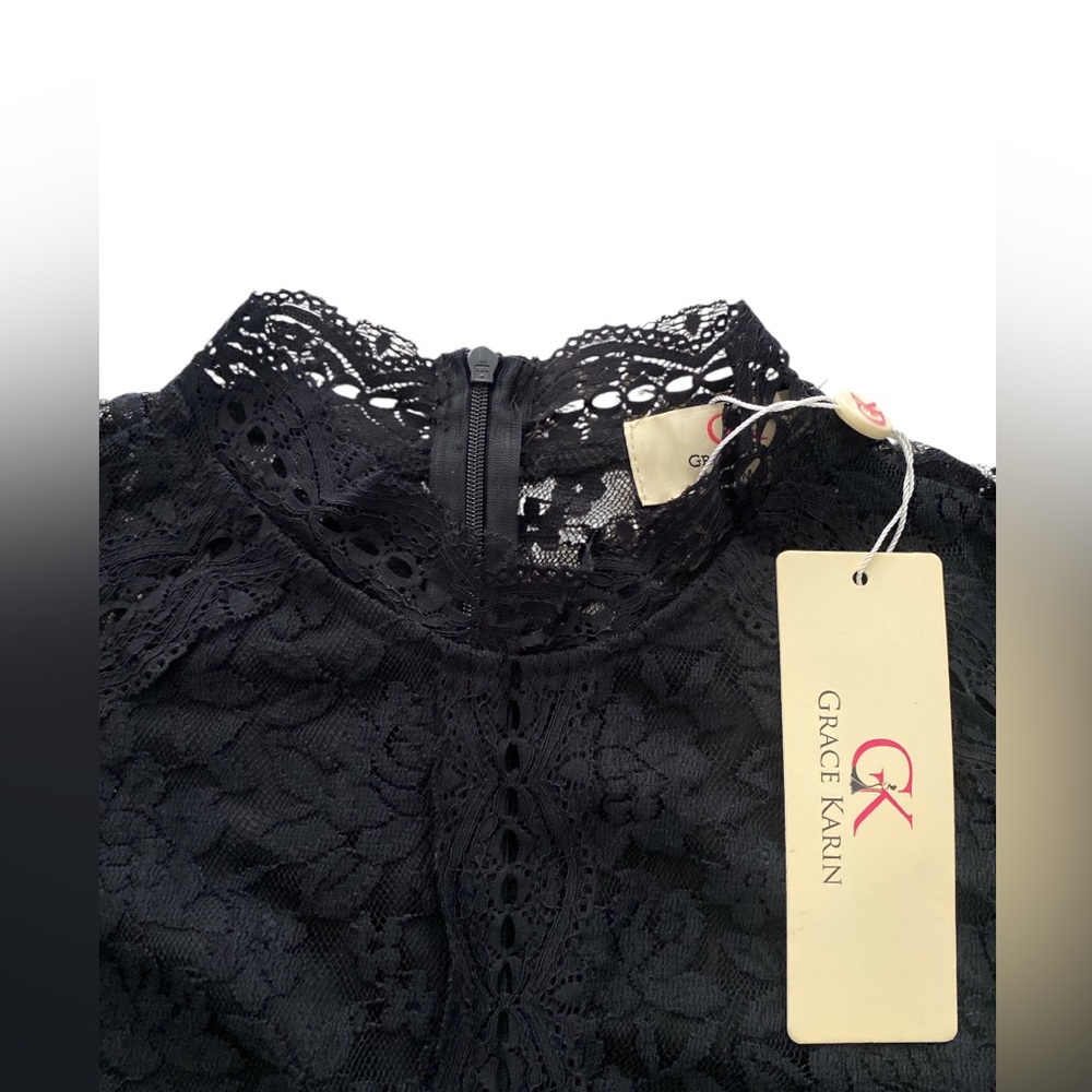 GRACE KARIN BLACK HIGH NECK LACE A-LINE DRESS - Picture 4 of 7